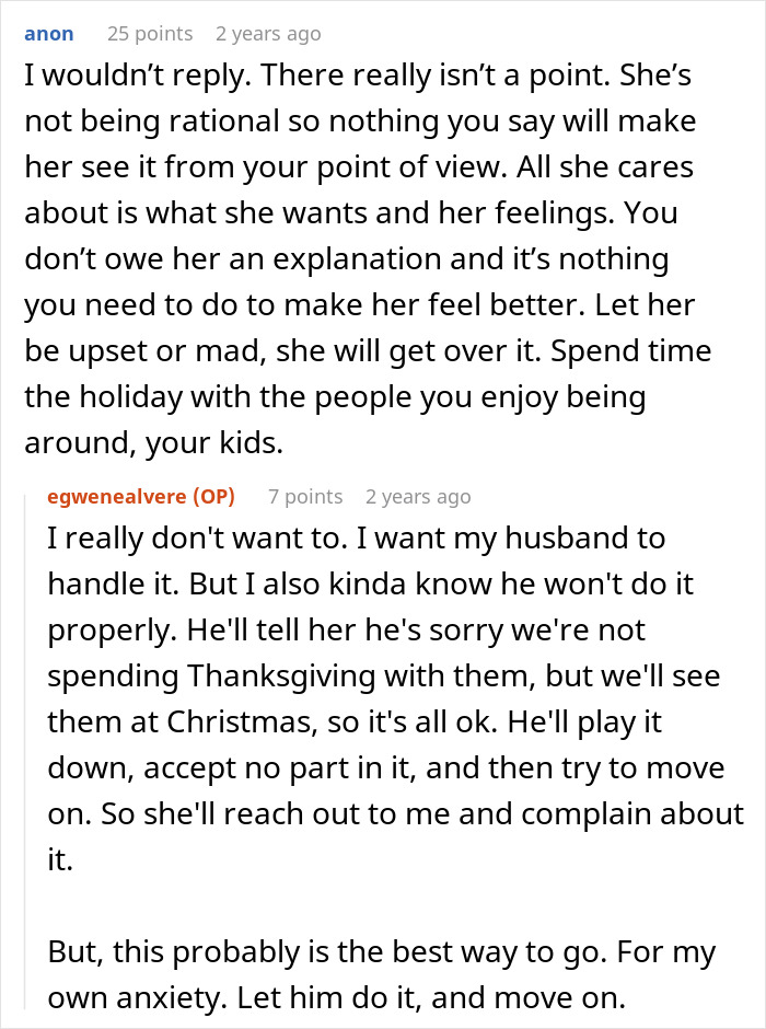 Screenshot of an online discussion where a woman wants to celebrate Thanksgiving with her kid while MIL reacts strongly. Screenshot of an online discussion where a woman wants to celebrate Thanksgiving with her kid while MIL reacts strongly.