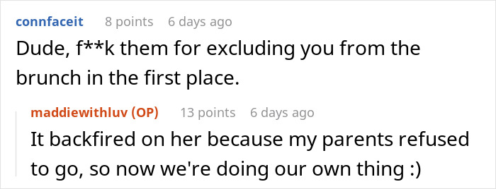 Screenshot of an online discussion about family trying to dump kids on childfree cousin during vacation and her reaction.