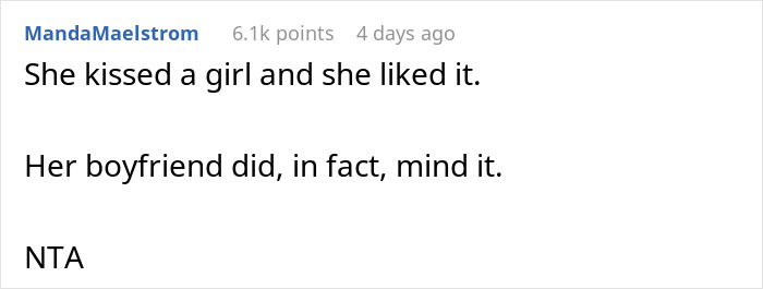 Text post showing a comment about a girlfriend kissing another woman and boyfriend's reaction on social media. Text post showing a comment about a girlfriend kissing another woman and boyfriend's reaction on social media.