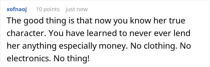 Screenshot of a social media comment warning against lending belongings after lady borrows car for one hour and keeps it days.