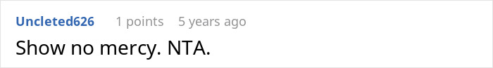 Screenshot of an online comment stating Show no mercy NTA in a simple text format.