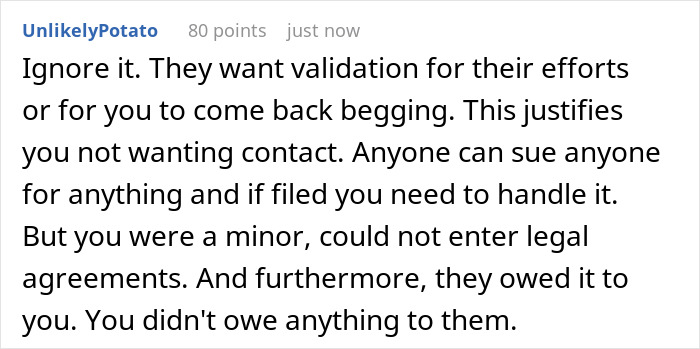 Screenshot of a Reddit comment discussing legal issues when a guy charges his daughter $15K for raising her as a minor.