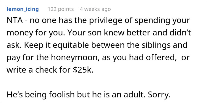Comment on Reddit discussing future daughter-in-law demanding an $80,000 wedding and wealthy in-laws requesting a prenup. Comment on Reddit discussing future daughter-in-law demanding an $80,000 wedding and wealthy in-laws requesting a prenup.