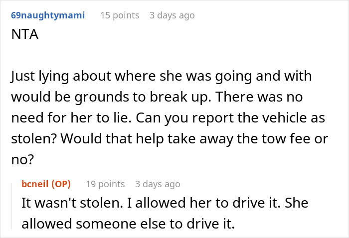 Screenshot of an online forum discussing a man kicking out his girlfriend after she secretly went clubbing and lost his car. Screenshot of an online forum discussing a man kicking out his girlfriend after she secretly went clubbing and lost his car.