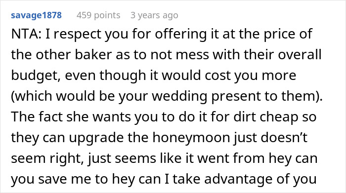 Screenshot of a Reddit comment discussing a bride wanting to upgrade her honeymoon at a bridesmaid’s expense.