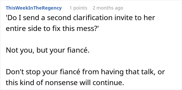 Comment discussing sending a second clarification invite after secret wedding invites to protect family image.