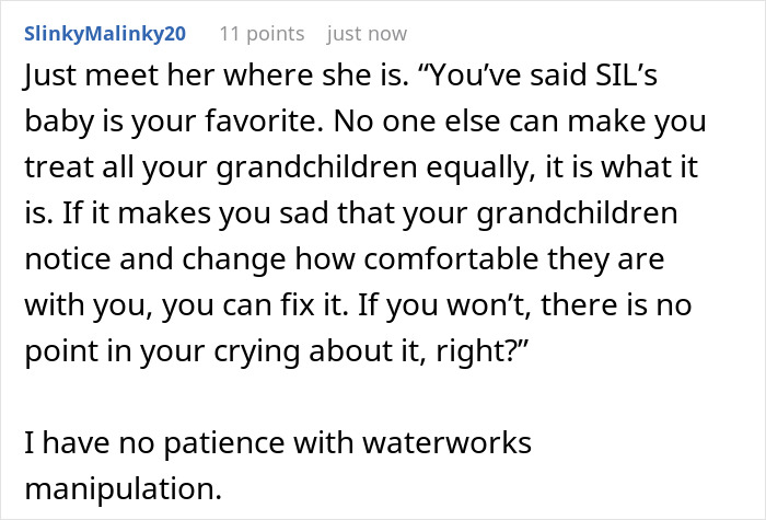 Text post showing a Reddit comment about a MIL admitting to favoritism of one grandchild over others, causing family tension. Text post showing a Reddit comment about a MIL admitting to favoritism of one grandchild over others, causing family tension.