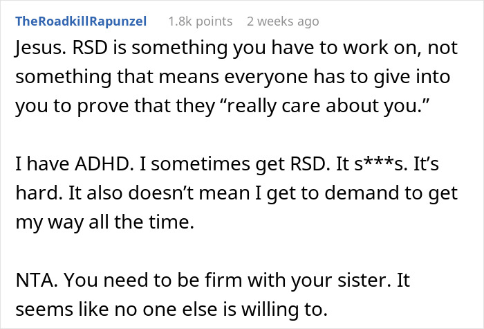 Screenshot of a Reddit comment discussing rejection sensitive dysphoria and a conflict about a big wedding plan. Screenshot of a Reddit comment discussing rejection sensitive dysphoria and a conflict about a big wedding plan.