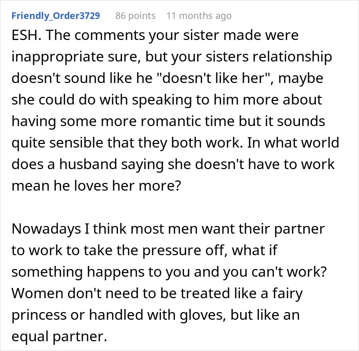 Comment discussing guy's affection for his sick wife and sister's opinion on the husband's true feelings. Comment discussing guy's affection for his sick wife and sister's opinion on the husband's true feelings.
