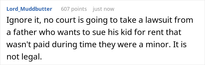Comment discussing the illegality of a father charging his daughter for rent during her minority, sparking panic. Comment discussing the illegality of a father charging his daughter for rent during her minority, sparking panic.