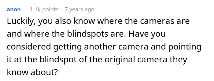 Comment about knowing camera blindspots and suggesting adding another camera pointed at the original blindspot for security. Comment about knowing camera blindspots and suggesting adding another camera pointed at the original blindspot for security.