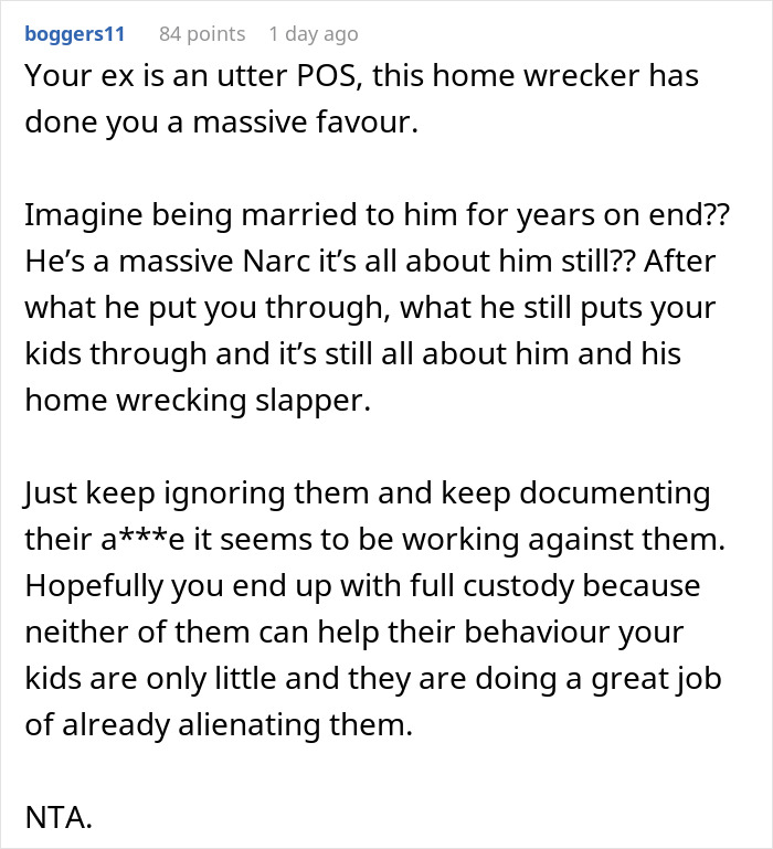 Comment discussing a cheating husband, ex-wife, and challenges with infertility and custody in a tense personal conflict. Comment discussing a cheating husband, ex-wife, and challenges with infertility and custody in a tense personal conflict.