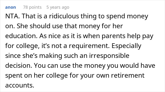 Comment discussing irresponsibility of spending grandpa's inheritance on a BBL instead of college education funds.