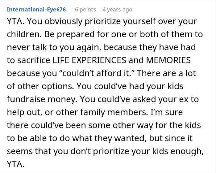 Reddit comment criticizing someone for choosing a nose job over kids college funds, highlighting misplaced priorities. Reddit comment criticizing someone for choosing a nose job over kids college funds, highlighting misplaced priorities.