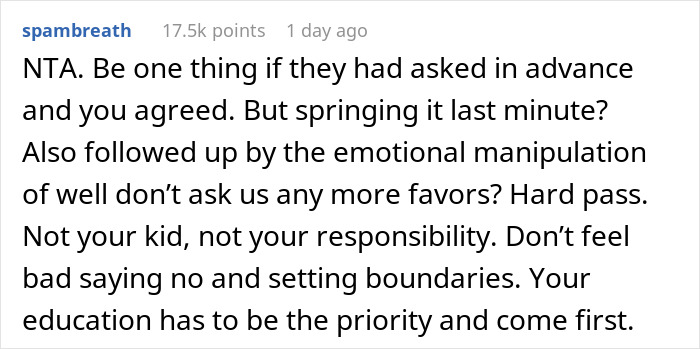 Screenshot of a Reddit comment discussing boundaries when being asked to babysit a girlfriend’s son unexpectedly.