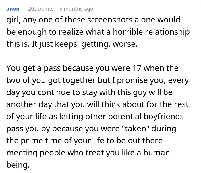 Screenshot of a comment describing a horrible relationship and regrets about staying with an uncaring boyfriend. Screenshot of a comment describing a horrible relationship and regrets about staying with an uncaring boyfriend.