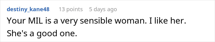 Comment discussing a sensible mother-in-law appreciated for her good character in a family conflict context.