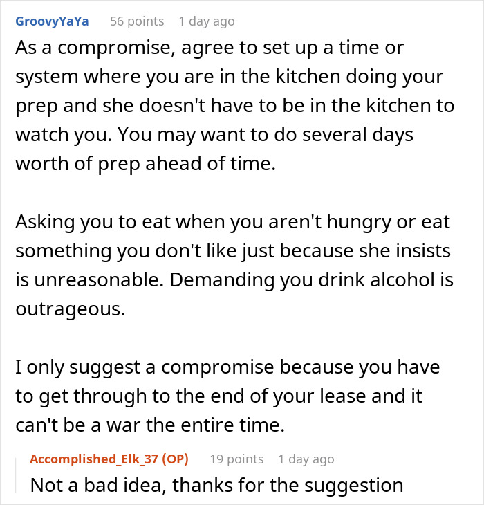 Comment discussing a health nut roommate’s strict diet and the impact of fast food and alcohol demands on eating disorder concerns. Comment discussing a health nut roommate’s strict diet and the impact of fast food and alcohol demands on eating disorder concerns.