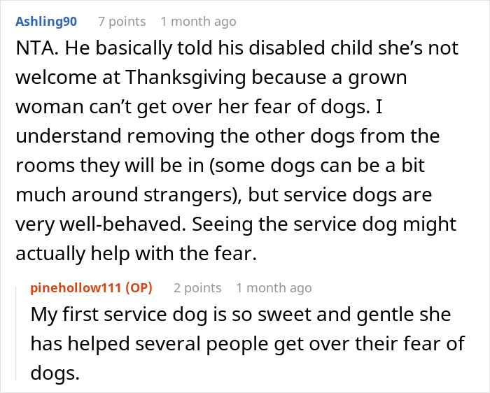 Comment discussing a woman with a service dog and the Thanksgiving drama involving fear of dogs. Comment discussing a woman with a service dog and the Thanksgiving drama involving fear of dogs.