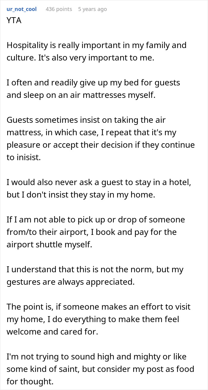 Screenshot of an online forum post discussing hospitality and air mattress use during a pregnant SIL visit offense. Screenshot of an online forum post discussing hospitality and air mattress use during a pregnant SIL visit offense.