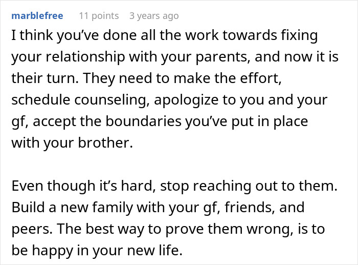 Comment from Reddit user marblefree advising on handling entitled parents and autistic brother’s behavior in family dynamics.