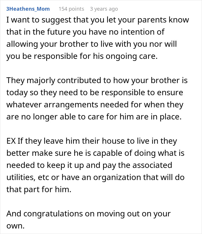 Comment suggesting parents take responsibility for autistic brother’s care after moving out, highlighting entitled parents and golden child behavior.
