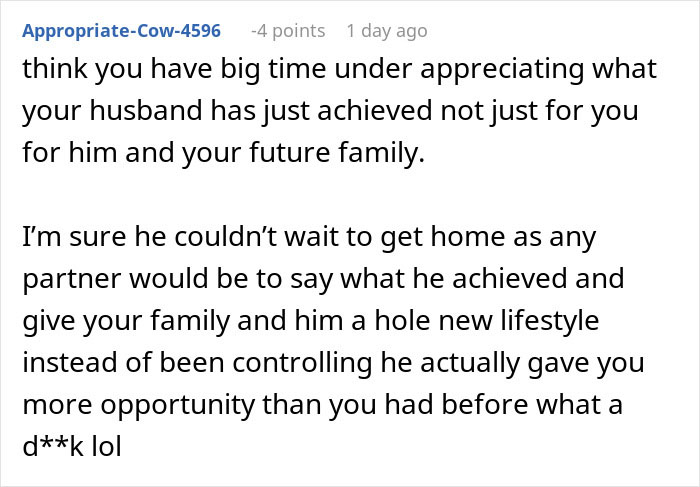 Comment criticizing woman for not appreciating husband's promotion, reflecting on gender roles and family expectations.