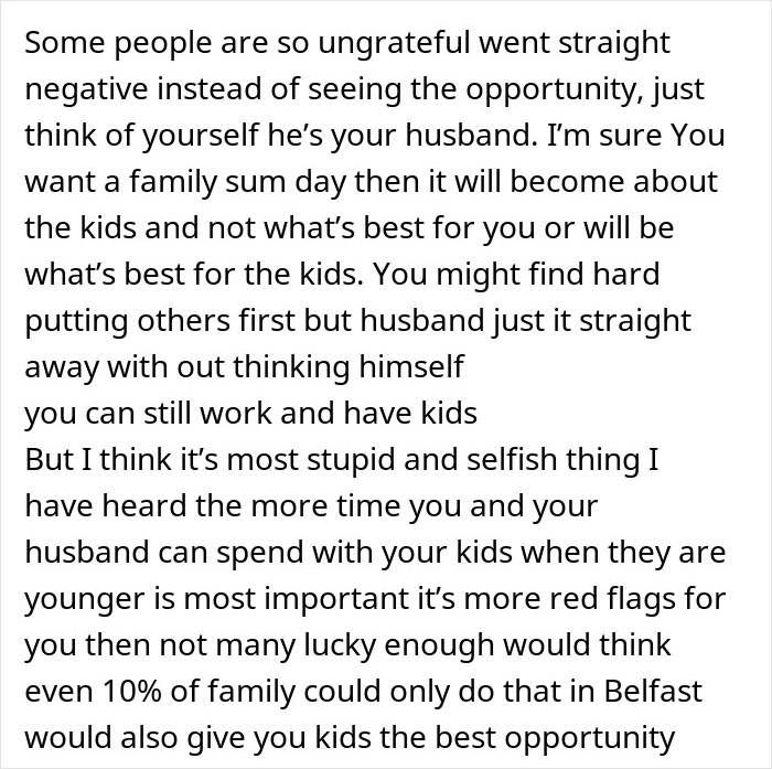 Comment discussing gender roles as woman refuses to quit job after husband’s promotion, highlighting family and work balance.