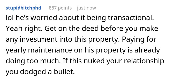 Screenshot of an online comment discussing a girlfriend refusing to finance a boyfriend’s $100k renovation without a ring. Screenshot of an online comment discussing a girlfriend refusing to finance a boyfriend’s $100k renovation without a ring.