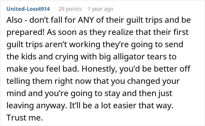 Screenshot of a Reddit comment about resisting guilt trips when a teen refuses to babysit step-siblings, causing family tension.