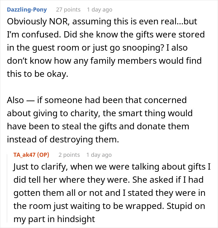 User comments discussing a woman deciding to destroy child’s Christmas presents over charity concerns. User comments discussing a woman deciding to destroy child’s Christmas presents over charity concerns.