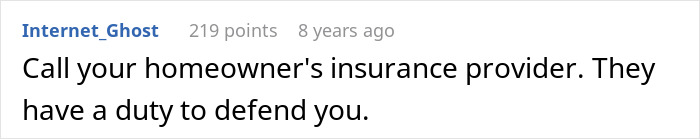 Screenshot of Reddit comment discussing homeowner's insurance duty to defend in a legal dispute over kids using neighbor’s yard without asking. Screenshot of Reddit comment discussing homeowner's insurance duty to defend in a legal dispute over kids using neighbor’s yard without asking.