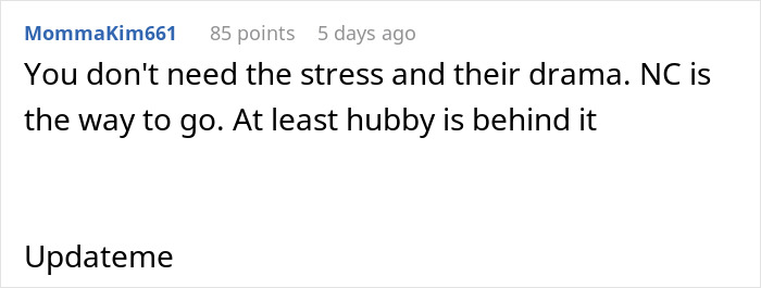Screenshot of an online comment discussing drama and stress related to a woman excluding her sick DIL from a family holiday.