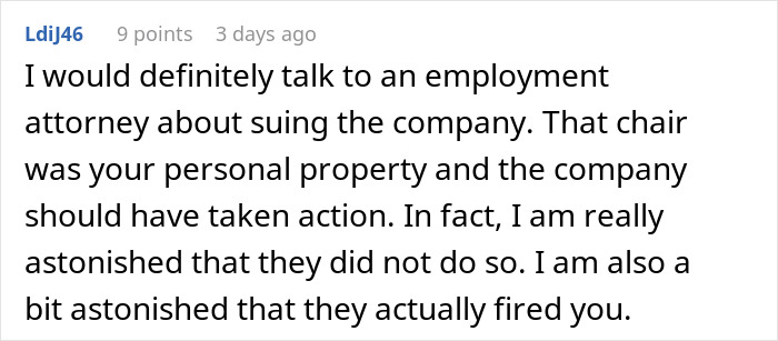 Reddit comment discussing legal advice after losing job over expensive $1.8K office chair dispute with company.