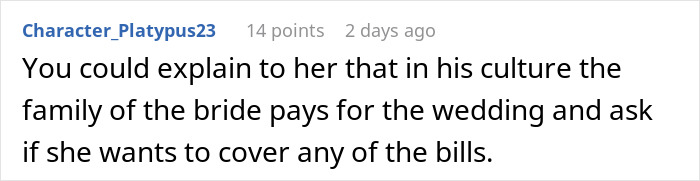 Comment discussing sister wedding money culture, explaining bride’s family traditionally pays and asking about covering bills.