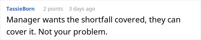Comment text on a social platform discussing a manager and shortfall, reflecting coworker frustration in a Venmo ghosting birthday scenario. Comment text on a social platform discussing a manager and shortfall, reflecting coworker frustration in a Venmo ghosting birthday scenario.