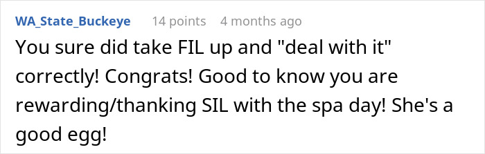 Comment highlighting a son-in-law dealing with a father-in-law while appreciating a sister-in-law's spa day reward. Comment highlighting a son-in-law dealing with a father-in-law while appreciating a sister-in-law's spa day reward.