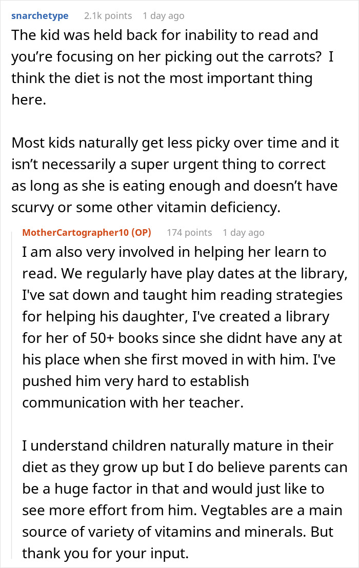 Screenshot of a forum discussion about a foodie woman breaking up over future buttered noodles and his kid’s picky eating habits. Screenshot of a forum discussion about a foodie woman breaking up over future buttered noodles and his kid’s picky eating habits.