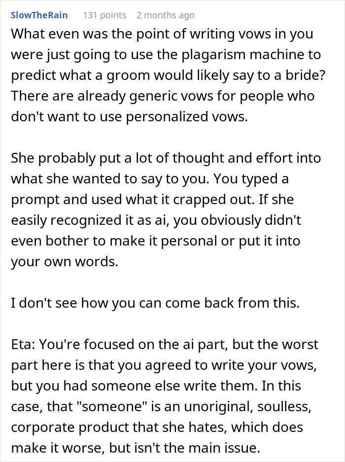 Comment discussing a groom writing wedding vows with AI and the bride’s negative reaction at the altar. Comment discussing a groom writing wedding vows with AI and the bride’s negative reaction at the altar.