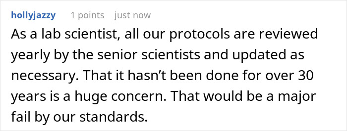 Comment about lab scientist protocols and office standards, highlighting strict rules done by the book causing office shutdown. Comment about lab scientist protocols and office standards, highlighting strict rules done by the book causing office shutdown.