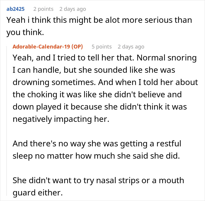 Text conversation about roommate’s severe snoring causing sleepless nights and refusal to try remedies like nasal strips or mouth guard.