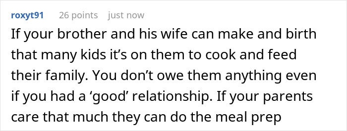 Comment discussing a golden child brother’s entitlement to free meals and sibling refusing to provide food. Comment discussing a golden child brother’s entitlement to free meals and sibling refusing to provide food.