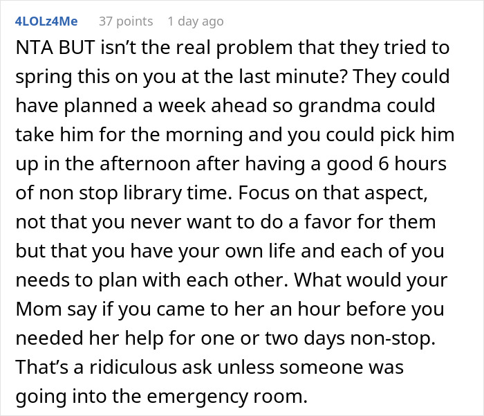 Alt text: Online comment discussing frustrations about last-minute babysitting requests and setting responsibility boundaries.