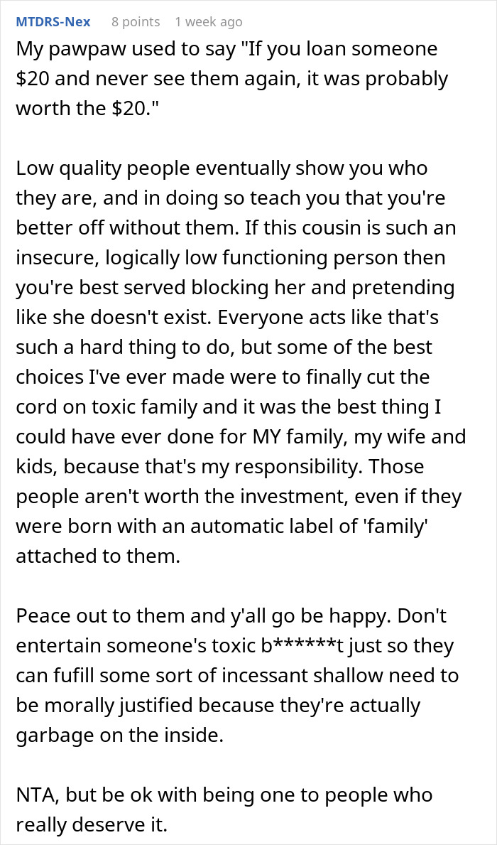 Text post discussing cutting ties with a mad cousin over a dress dispute at a wedding, highlighting toxic family dynamics.