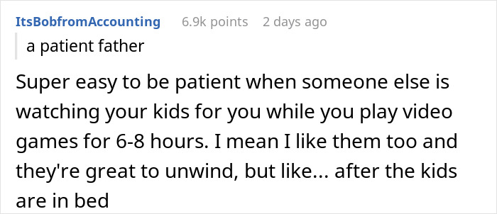 Text post about a patient father reflecting on patience when someone else watches his kids while he plays video games.
