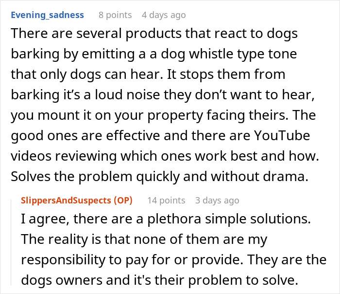 Comments discussing solutions for neighbors who can't keep their dogs quiet with dog whistle products and owner responsibility. Comments discussing solutions for neighbors who can't keep their dogs quiet with dog whistle products and owner responsibility.