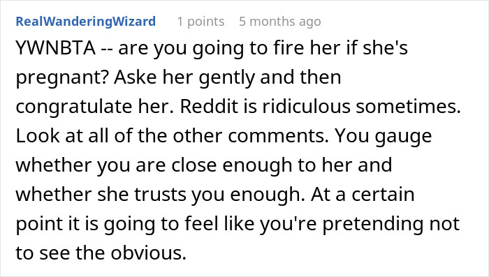 Screenshot of a Reddit comment discussing if a boss should ask an employee about pregnancy in a right to fire state.