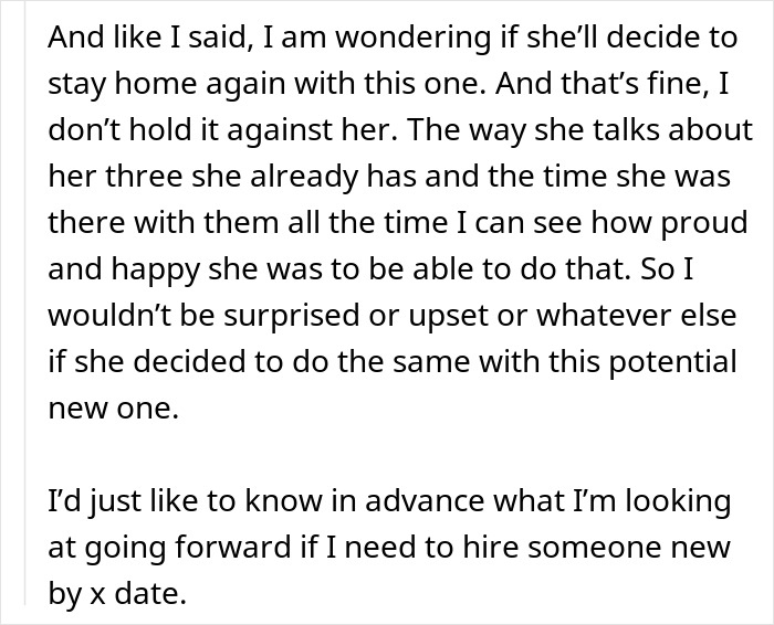 Boss wonders if he should ask employee about pregnancy in a right to fire state while considering hiring needs.