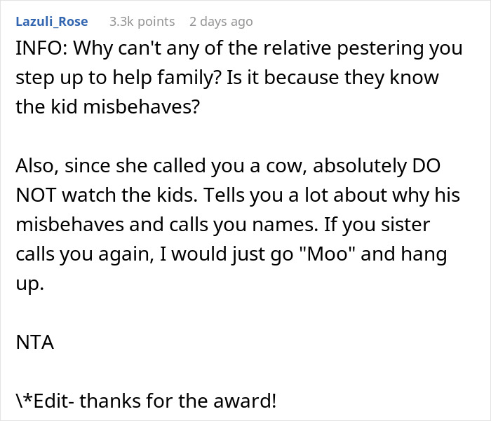 Alt text: Reddit user discusses refusing to babysit badly behaved nephew and being called selfish by sister. Alt text: Reddit user discusses refusing to babysit badly behaved nephew and being called selfish by sister.
