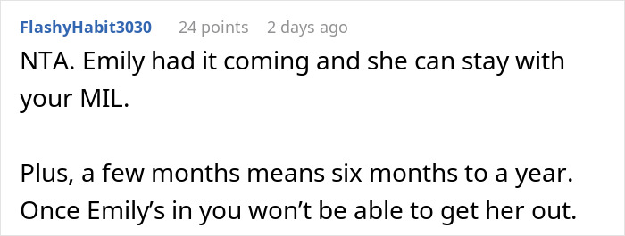 Screenshot of an online comment discussing a woman refusing to let her homeless sister-in-law move in after being called a gold digger. Screenshot of an online comment discussing a woman refusing to let her homeless sister-in-law move in after being called a gold digger.